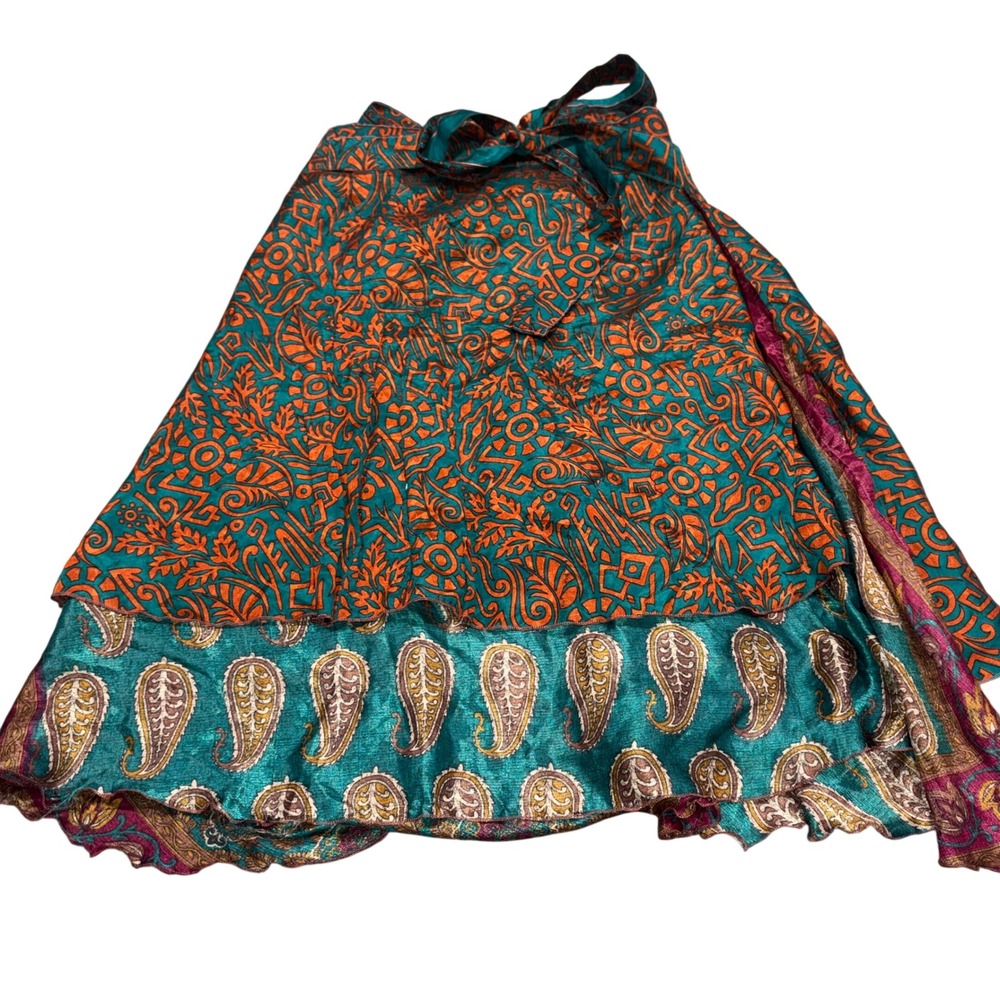 Boho Wrap Skirt Women OS Teal Orange Reversible Paisley Geometric Kariza Vintage